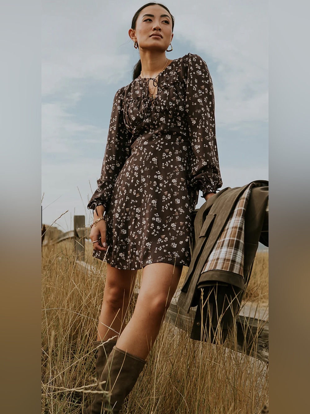 bohme Brown Floral Tie-Front Long-Sleeve Mini Dress